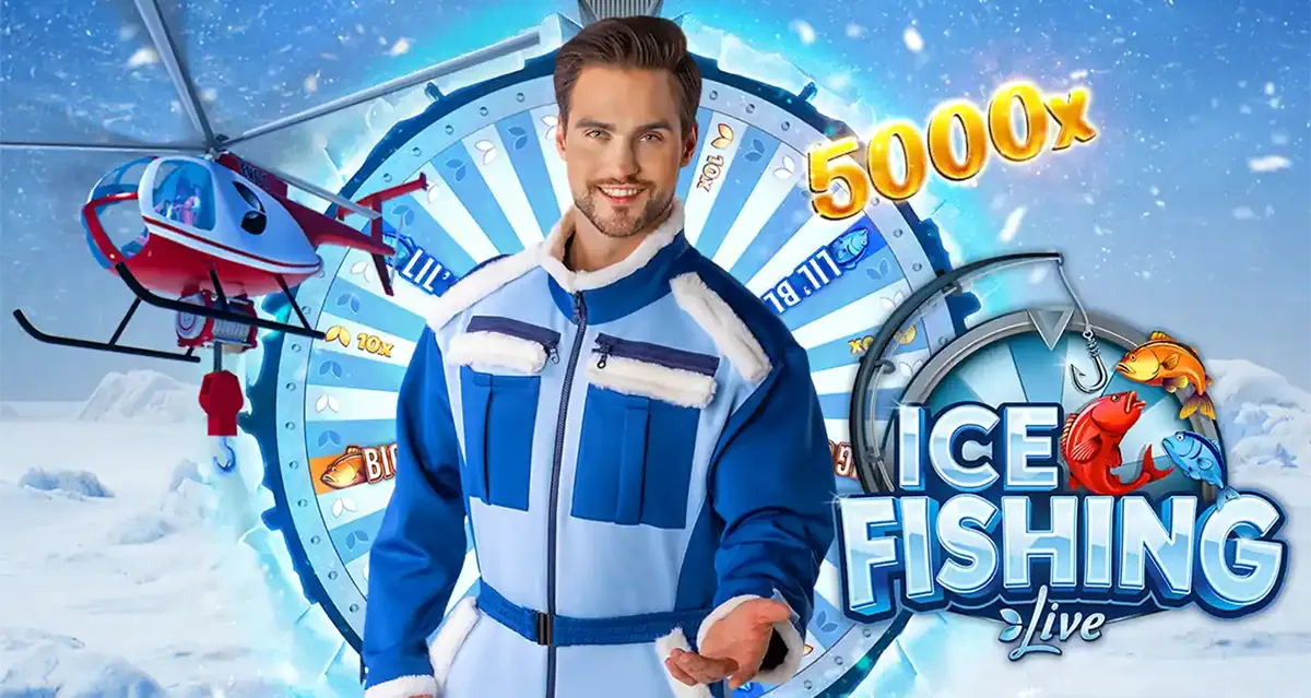 Smiling male host in a blue winter suit stands in front of a snowy “Ice Fishing Live” prize wheel, with a helicopter on the left and a glowing “5000x” multiplier graphic.